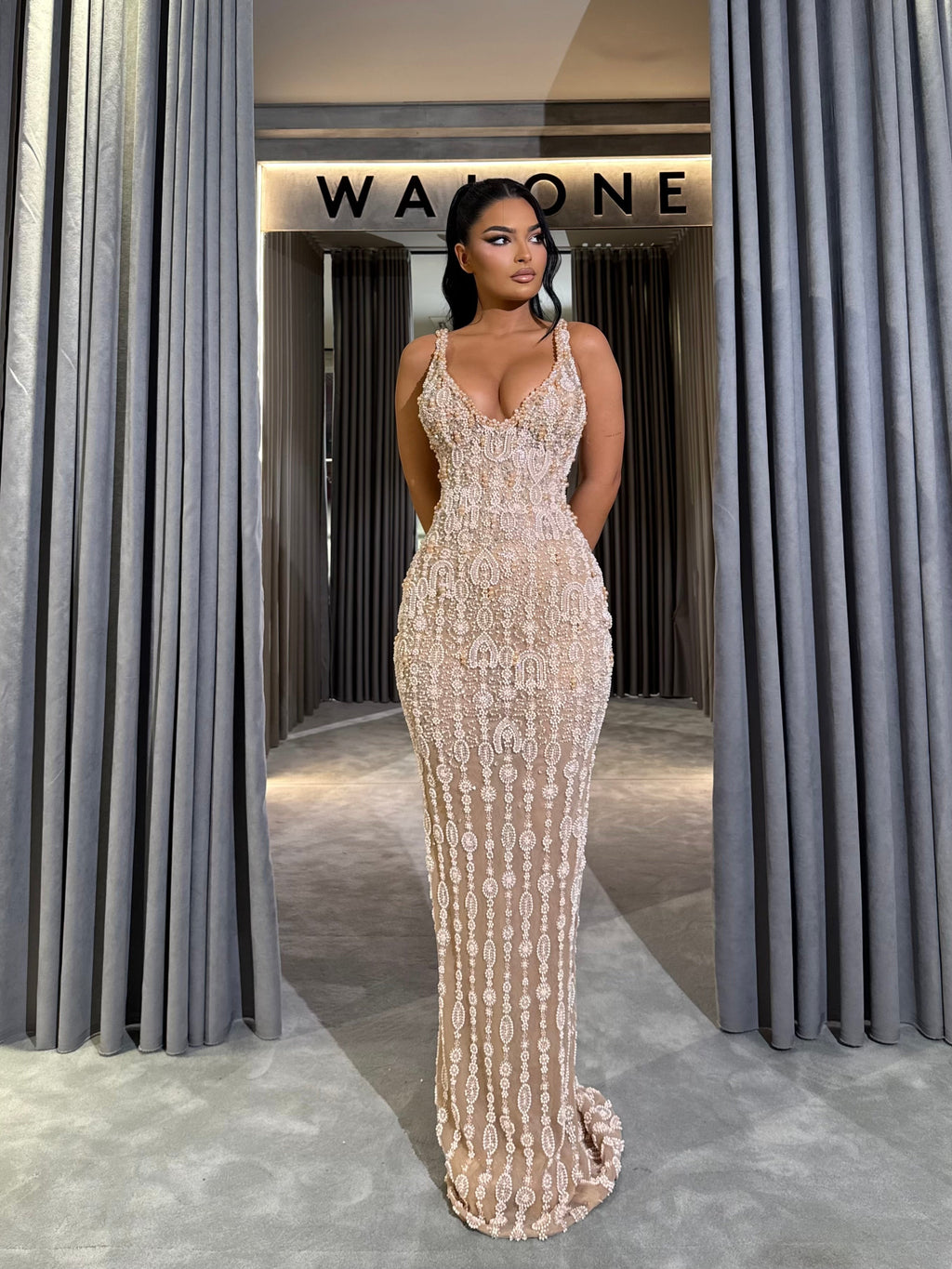 Hand Beaded Fitted Gown with Plunge Neckline