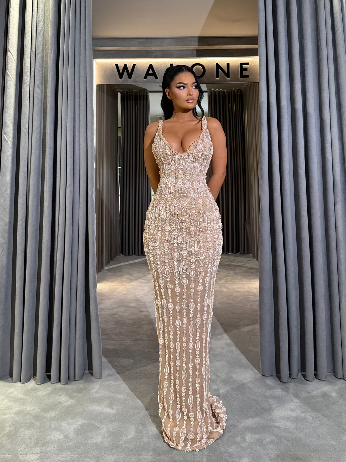 Hand Beaded Fitted Gown with Plunge Neckline