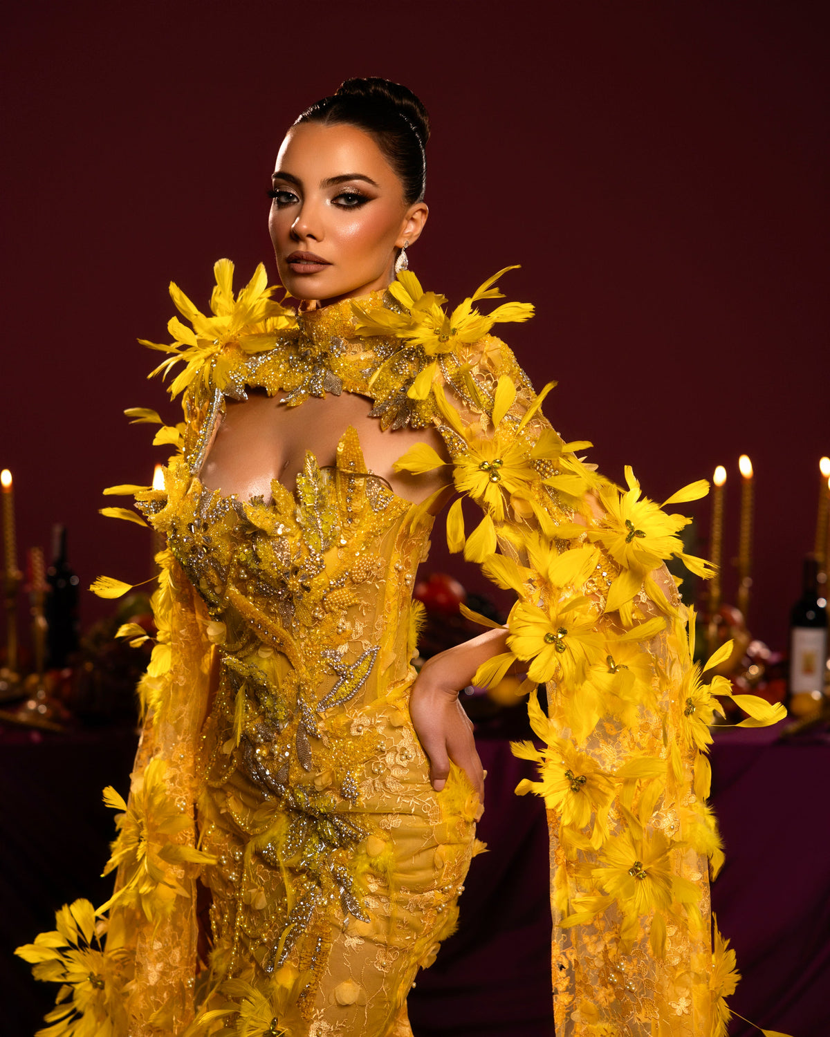 Strapless Floral Appliqué Gown with High Neck Cape