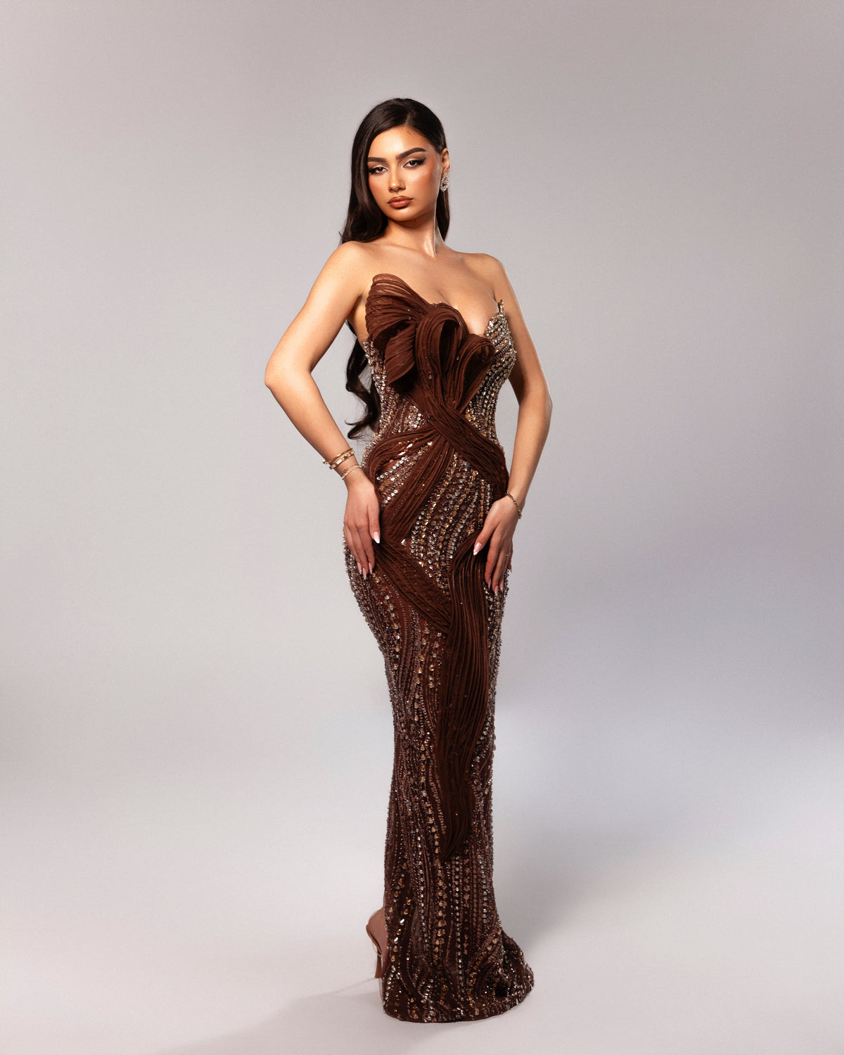 Strapless Brown Gown with sculptural draping