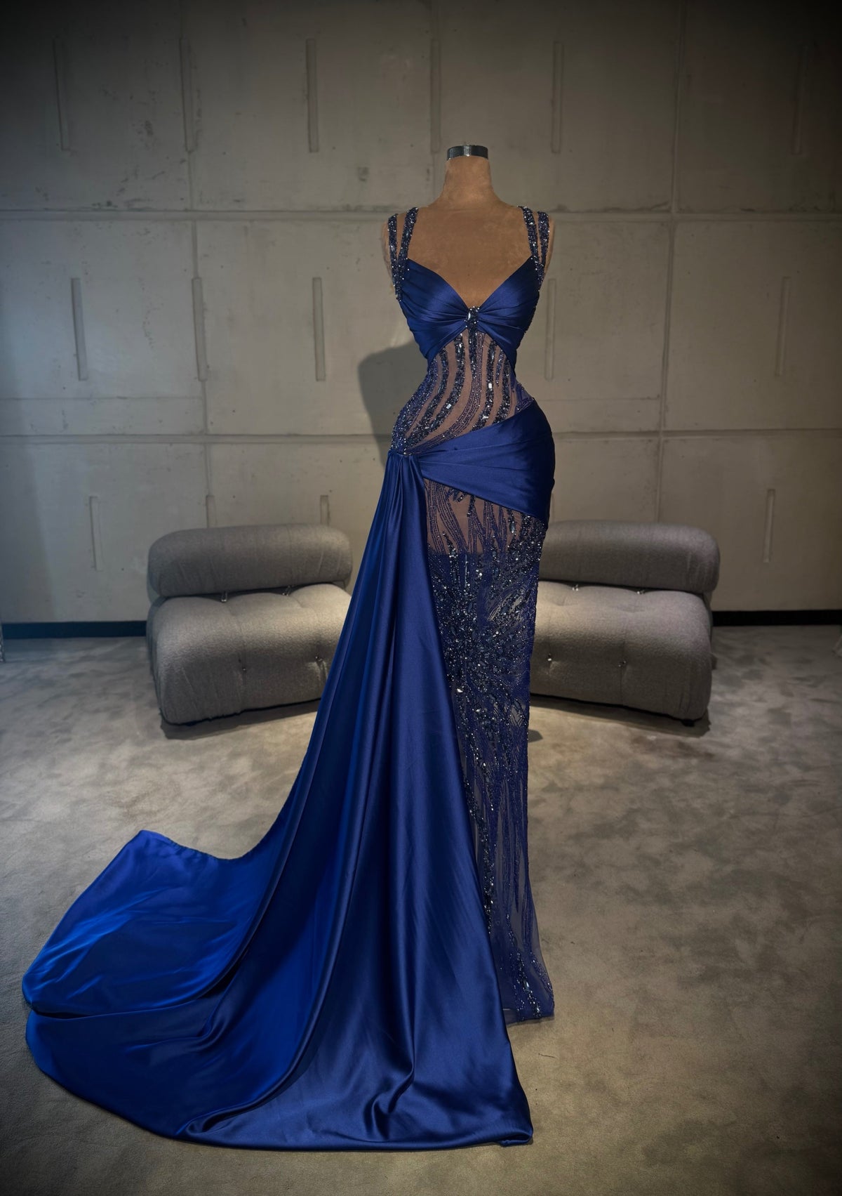 Enara – Royal Blue Cut-Out Beaded Gown with Draped Satin Train