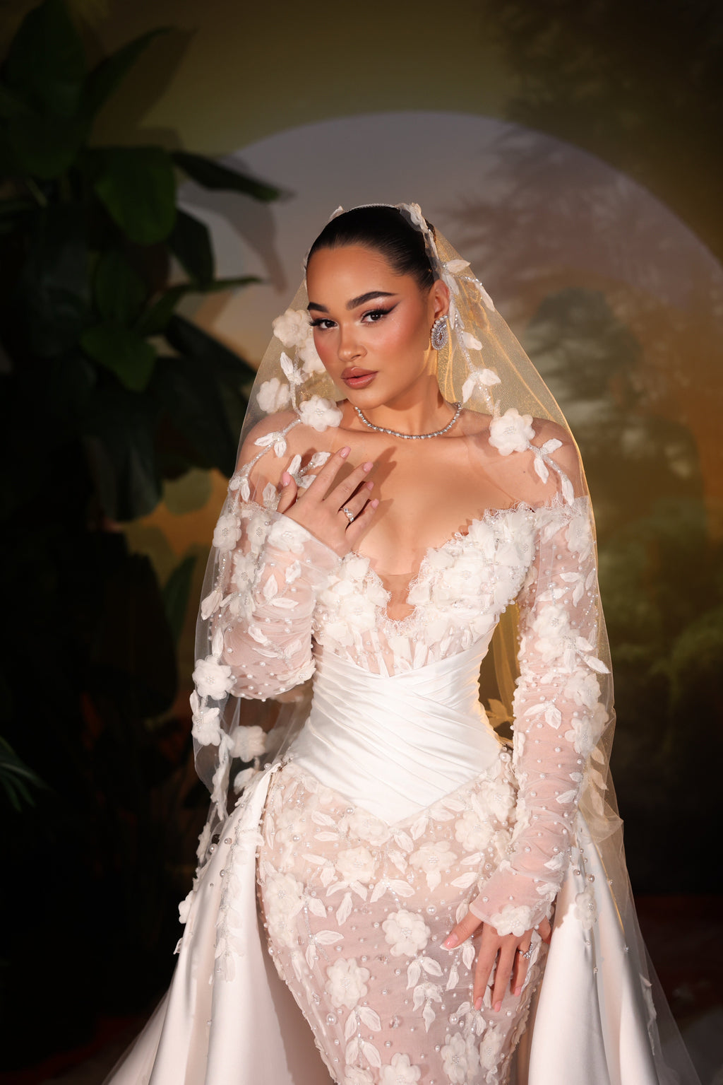 Vionelle - Floral Mermaid Gown with Detachable Cape