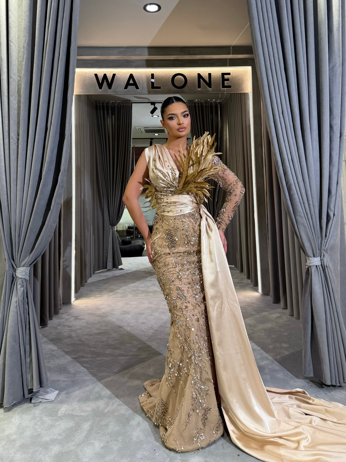 Golden Drape Feather Gown
