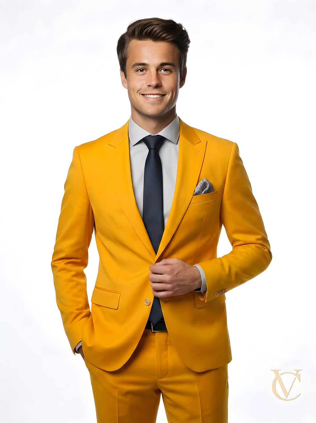 A confident young man wearing a tailored 2-Piece Suit - Yellow | Vellure Couture featuring a sharp lapel, single button closure, and coordinating trousers styled with a navy tie and pocket square.