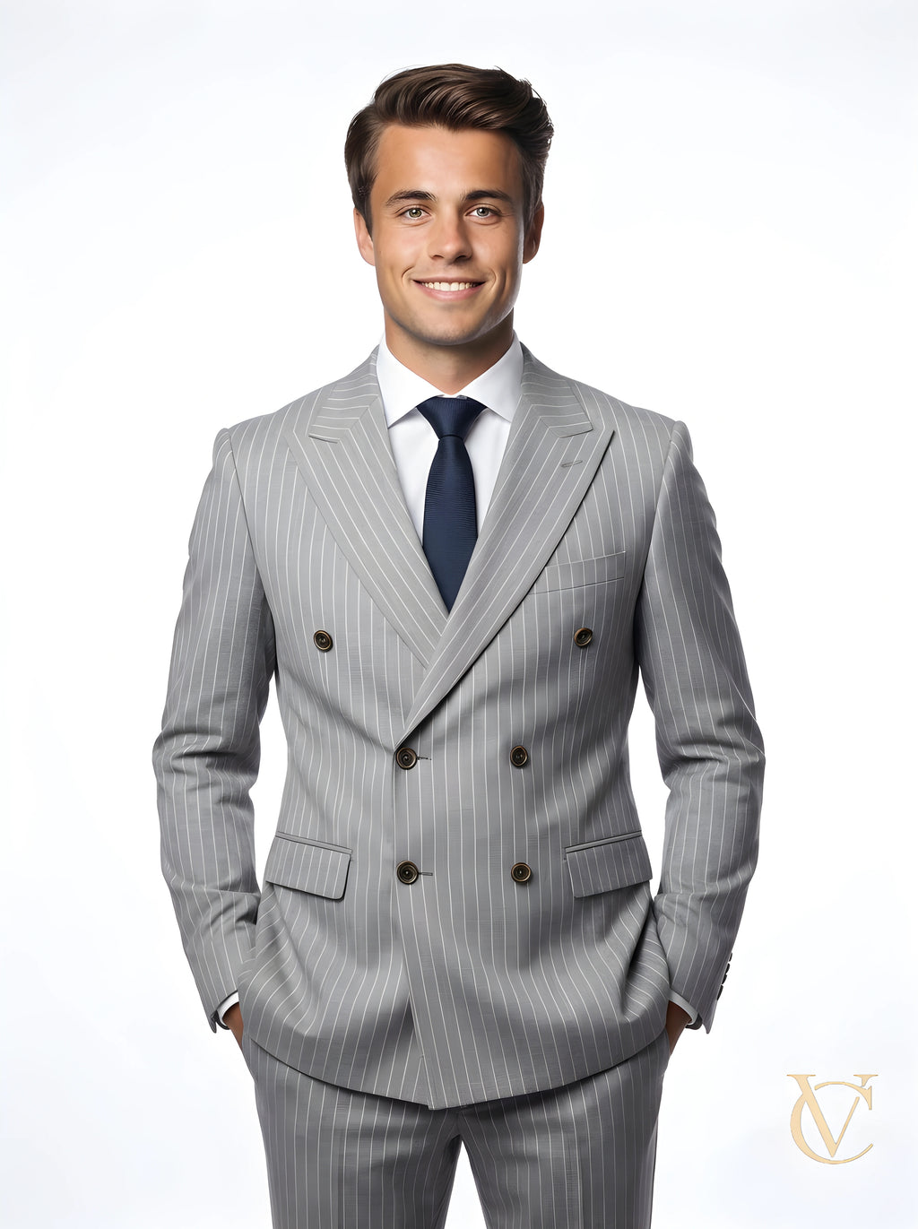 Smiling man wearing a tailored 2-Piece Suit - Grey Striped | Vellure Couture with a double-breasted blazer, white shirt, and dark tie, showcasing premium menswear elegance.