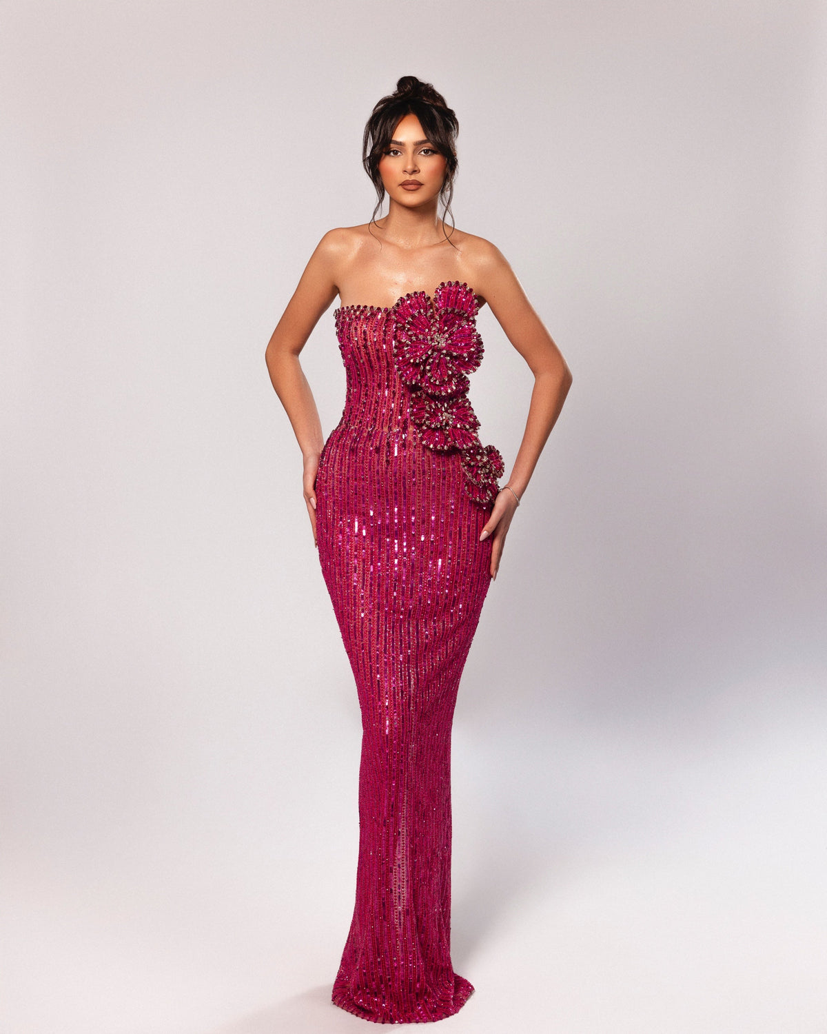 Strapless Dress with 3D Floral Embellishment