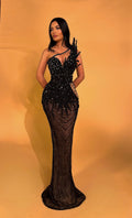 One Shoulder Beaded Gown with Asymmetric Appliqué