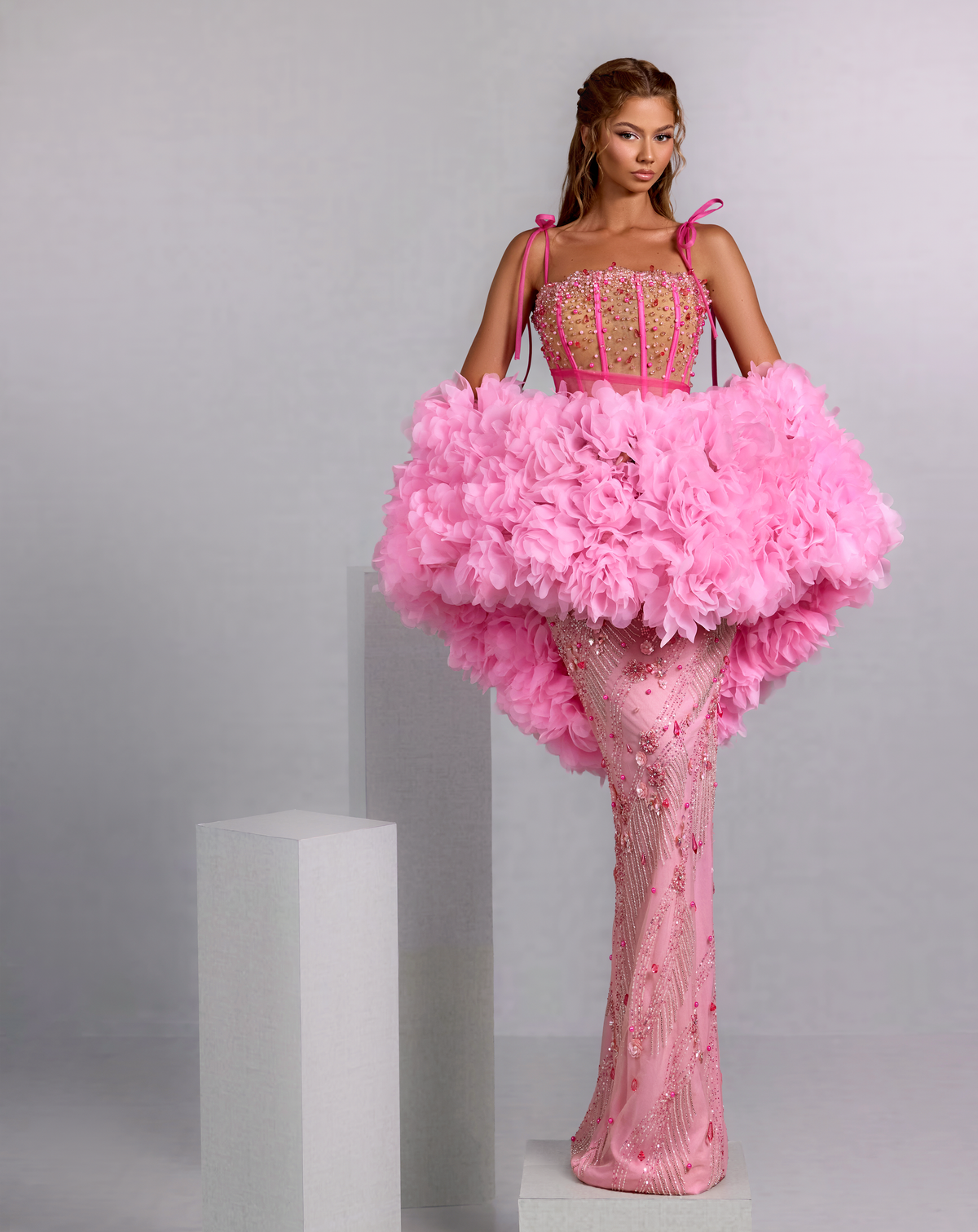Embellished Pink Gown with Detachable Floral Organza Sleeves