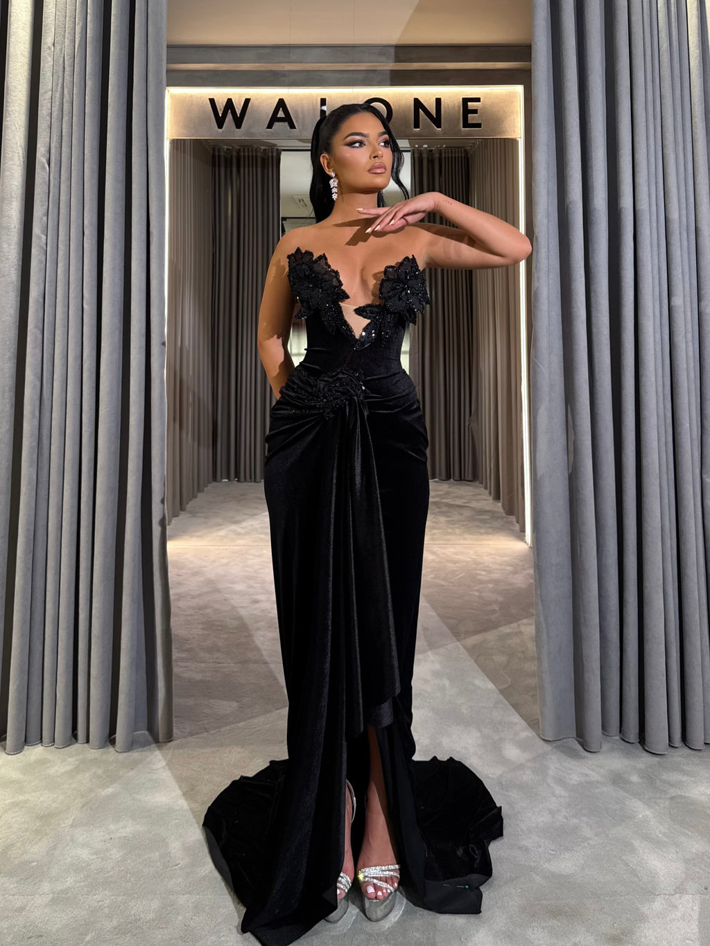 Black Velvet Gown with 3D Floral Appliqué & Draped Slit Skirt