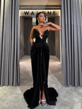 Black Velvet Gown with 3D Floral Appliqué & Draped Slit Skirt