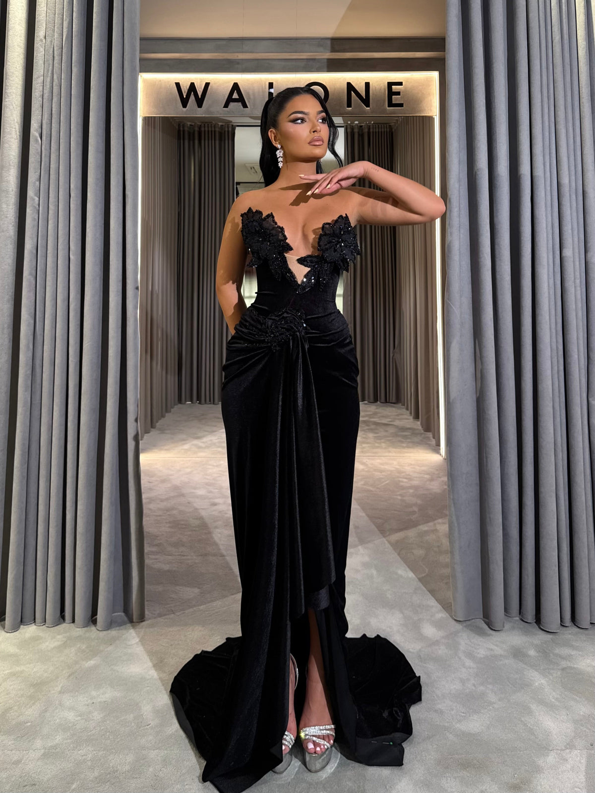 Black Velvet Gown with 3D Floral Appliqué & Draped Slit Skirt