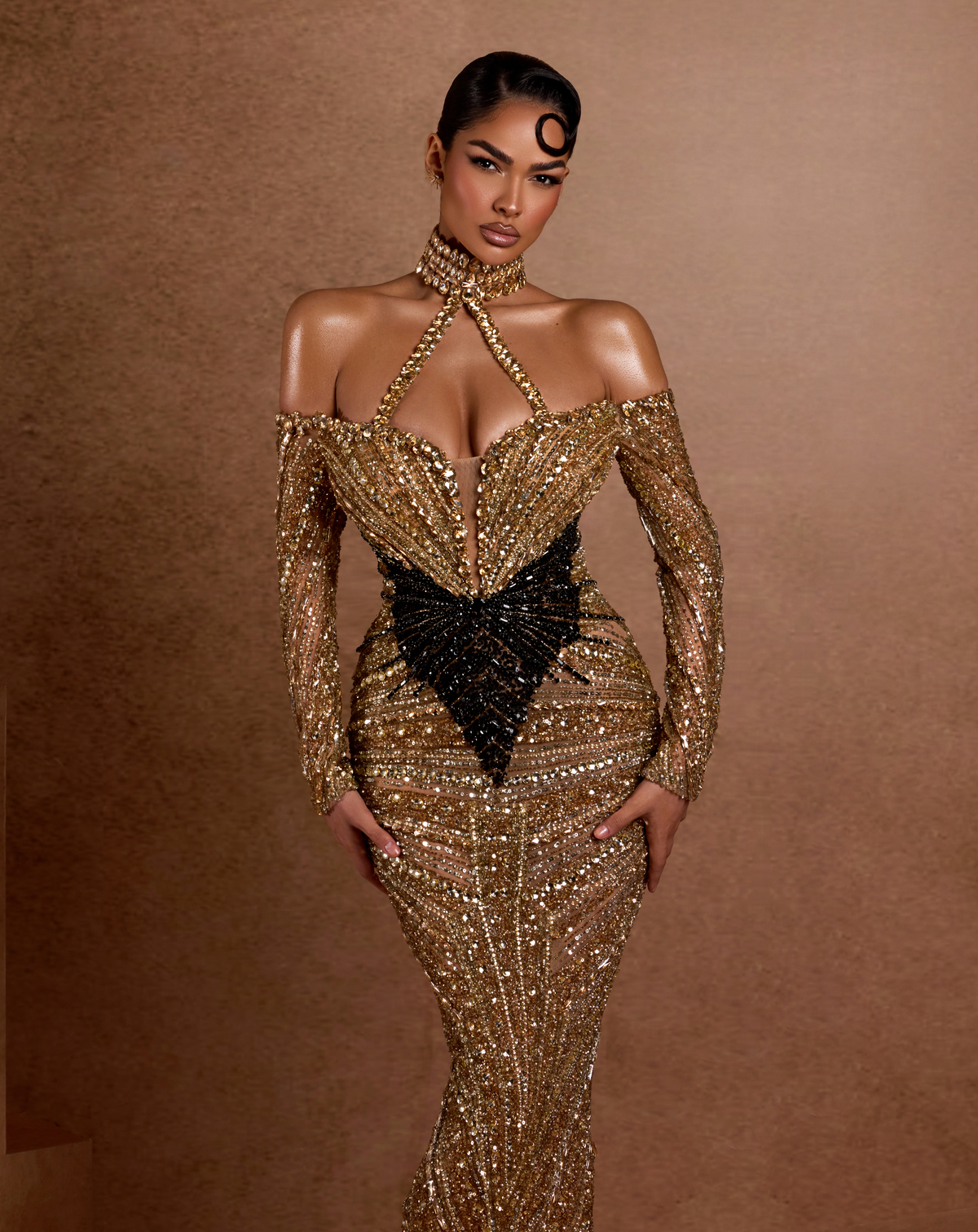 Gold & Black Sequin Halter Dress
