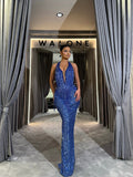 Sapphire Crystal Fringe Halter Gown