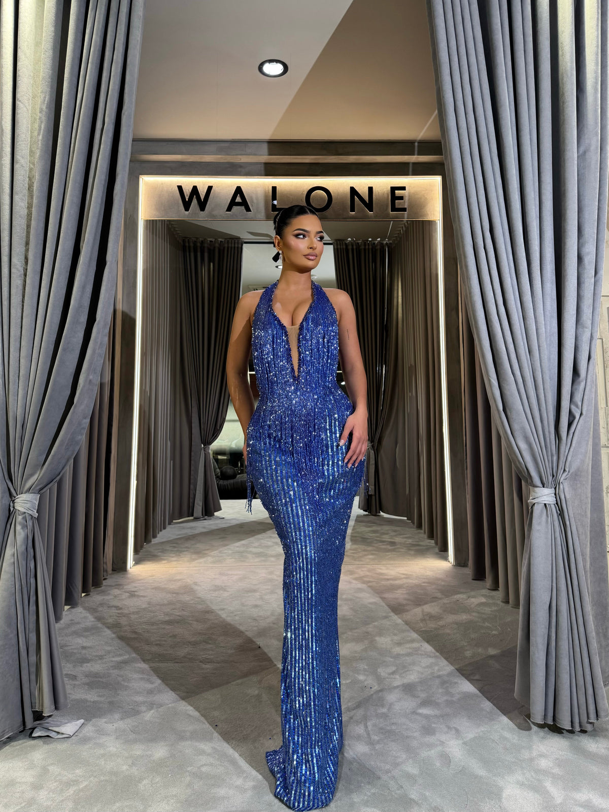 Sapphire Crystal Fringe Halter Gown
