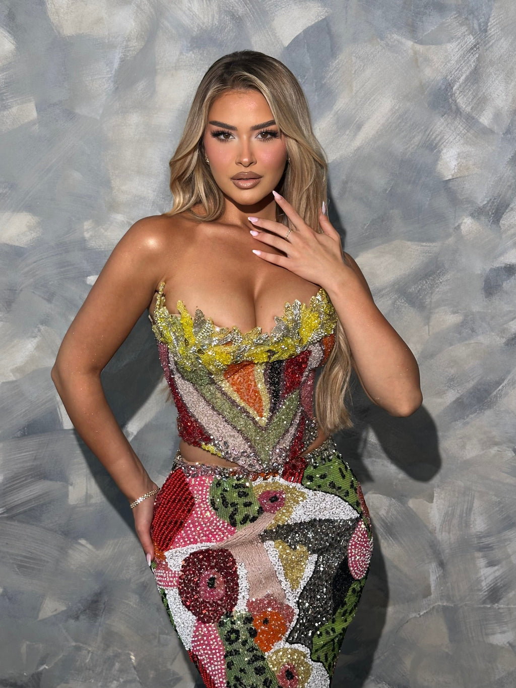 Dalmina - Strapless Multicolor Sequin Gown with Feather Bolero