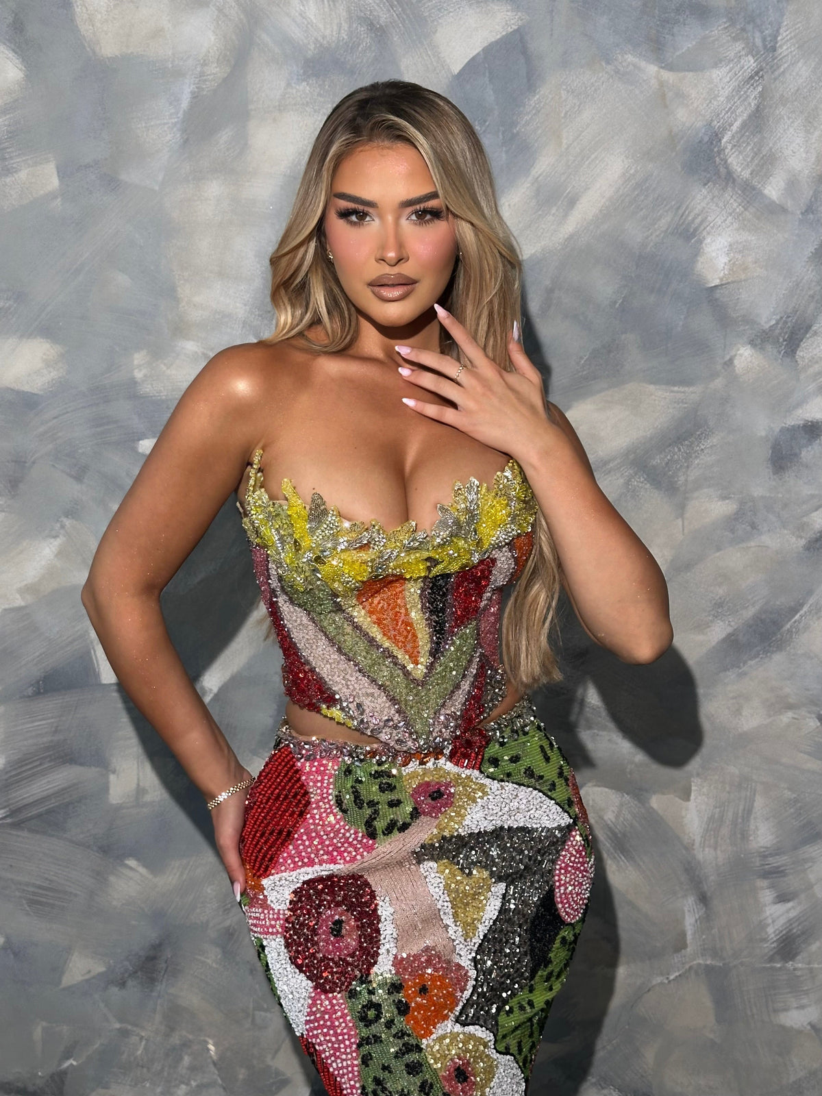 Dalmina - Strapless Multicolor Sequin Gown with Feather Bolero