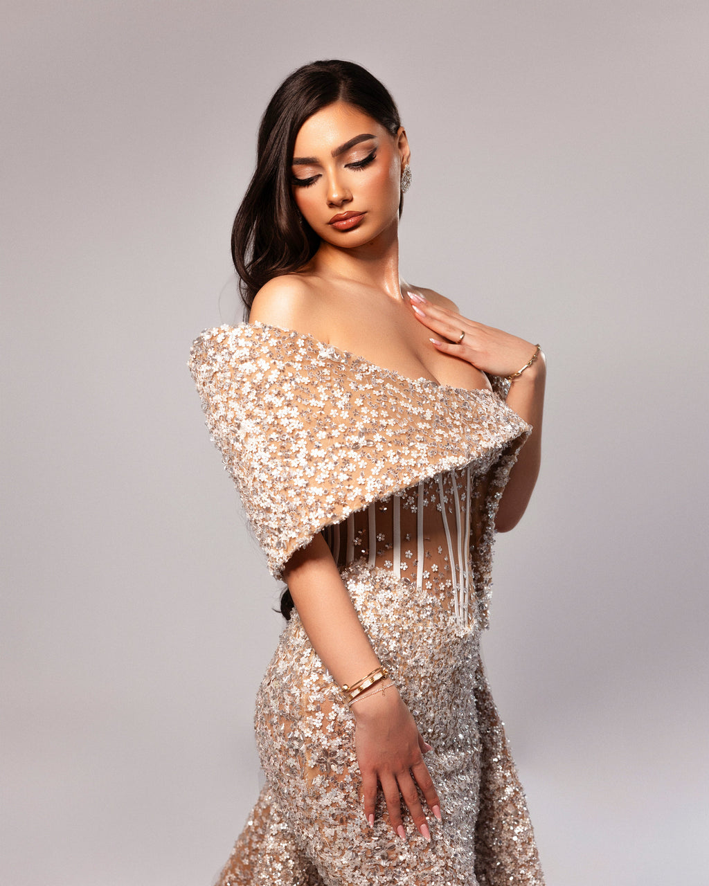 Off Shoulder Embellished Corset Gown with Draped Sleeves