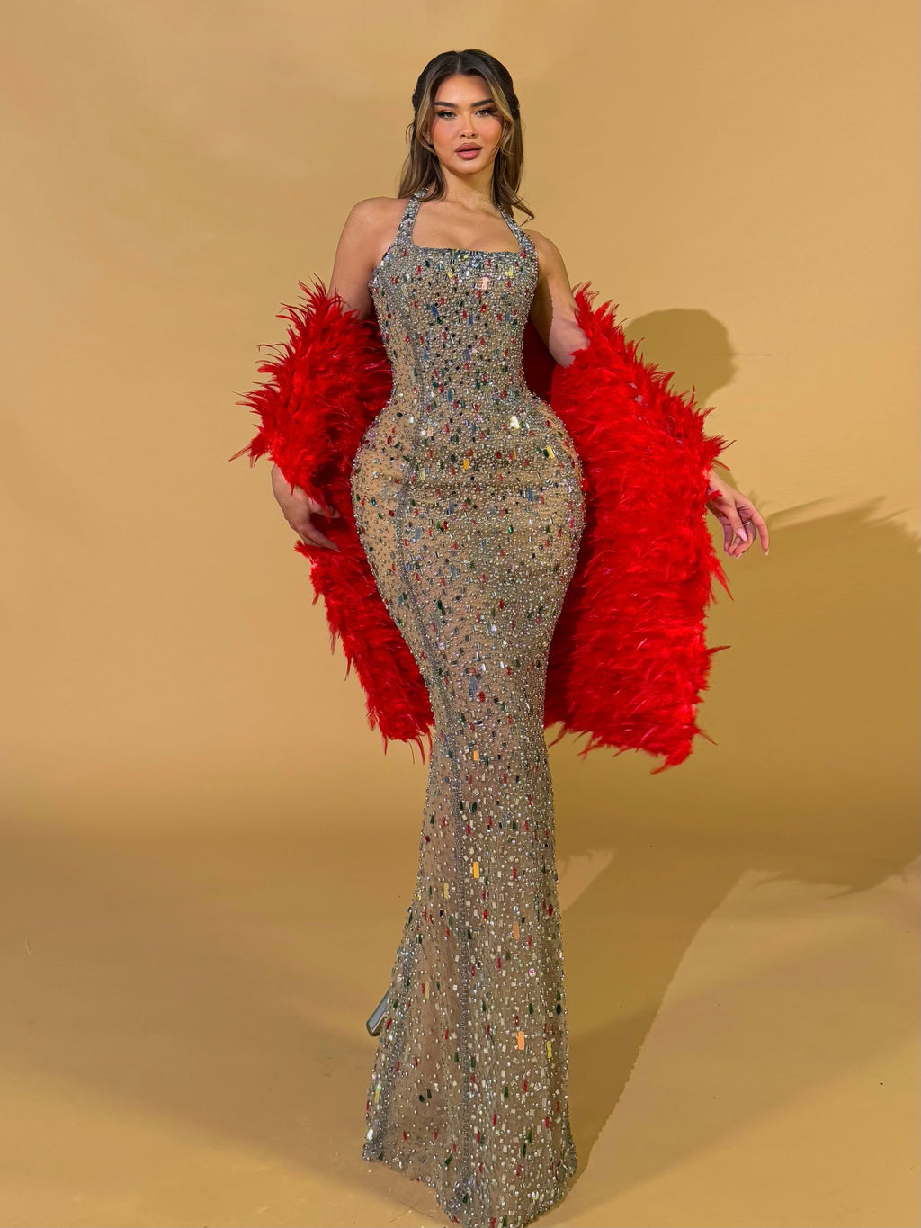 Crystal Halter Gown with Red Feather Shawl