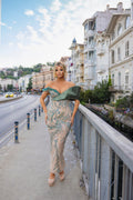 Embellished Dress with a Shoulder Detail Made of Satin