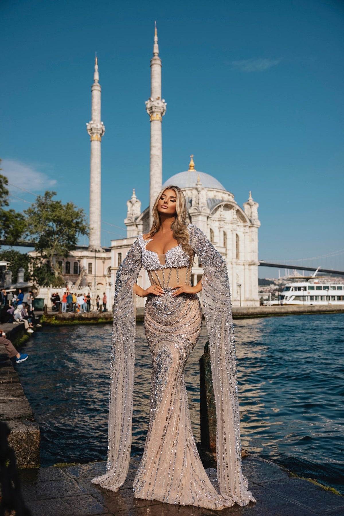 Silver Embellished Gown with Cape Sleeves