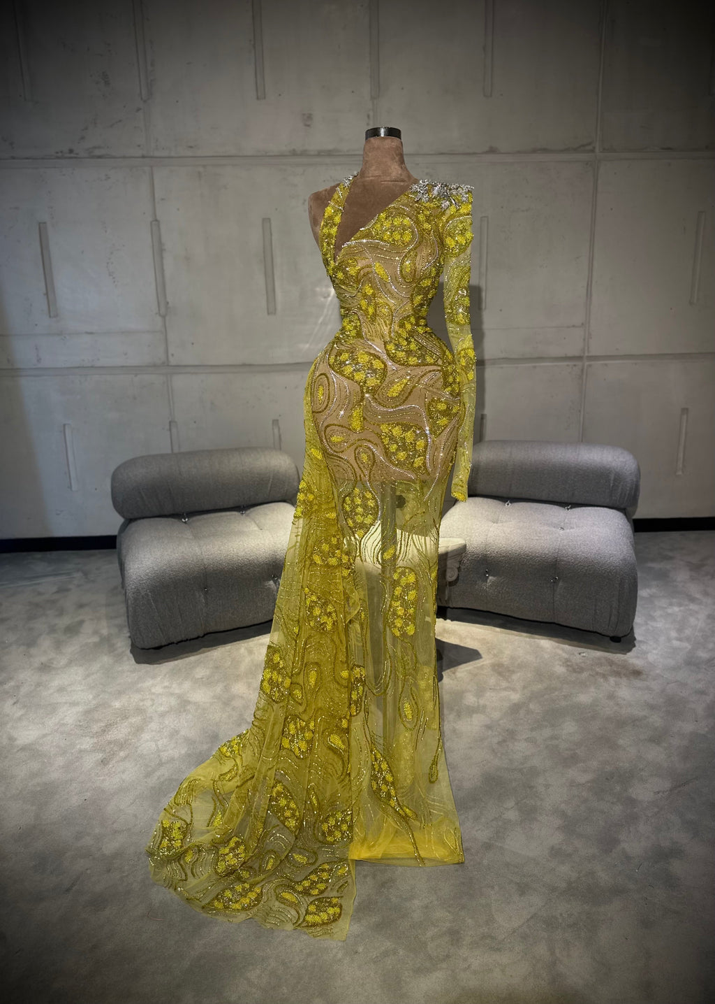Maya - One Sleeve Yellow Embellished Gown