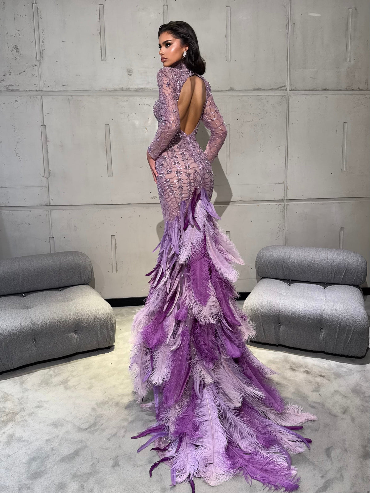 Lilac Feathered Dress with Open Back