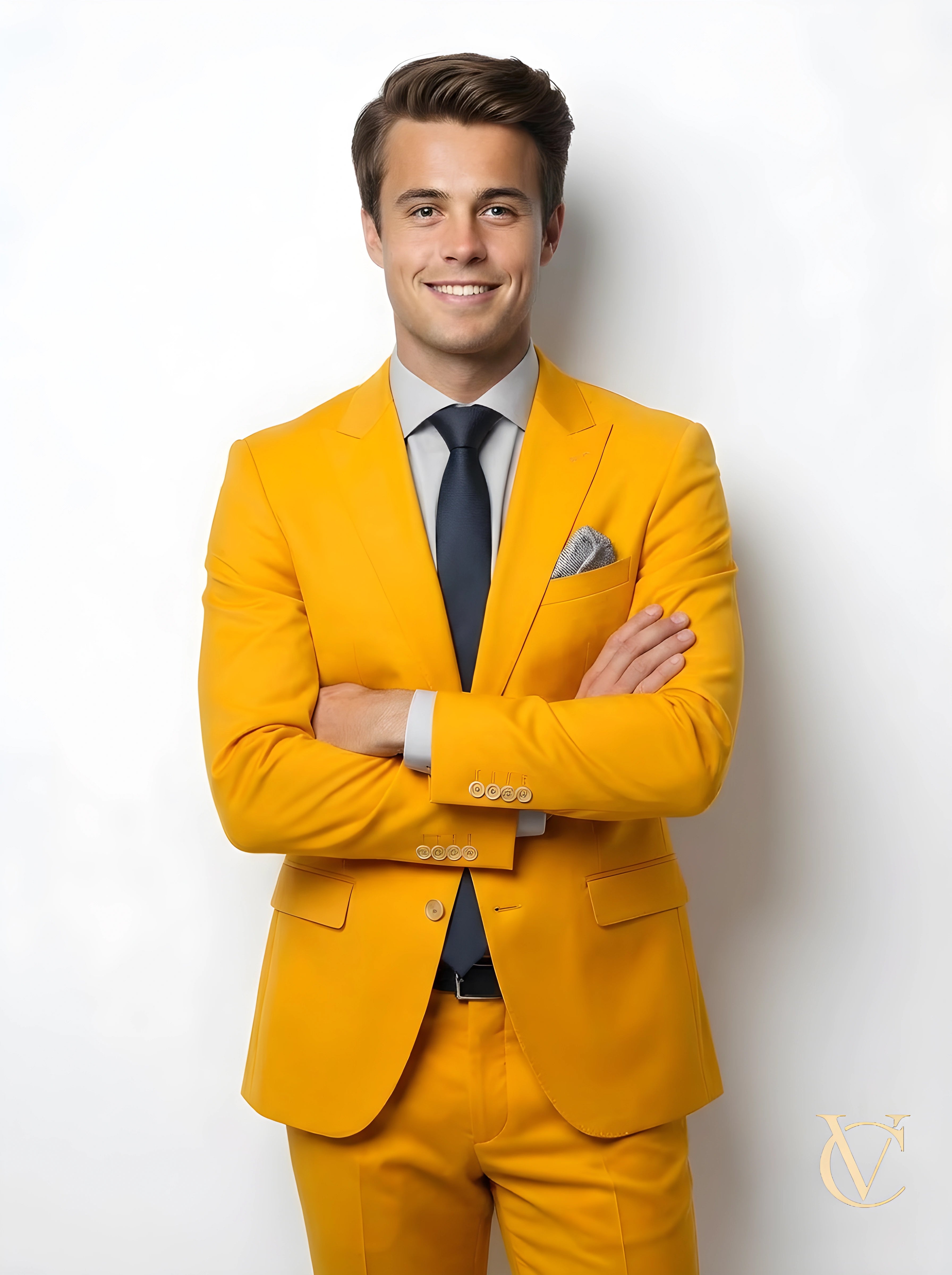 A young man wearing a modern 2-Piece Suit - Yellow | Vellure Couture with a navy tie and light blue shirt, smiling confidently against a white background, showcasing a tailored fit.
