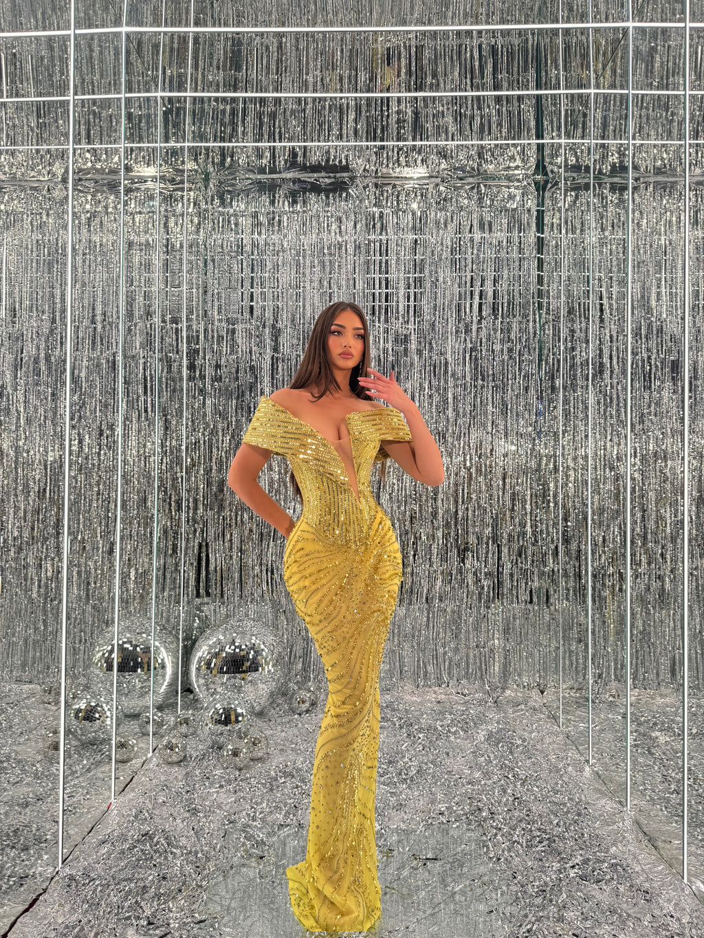 Solara - Gold Crystal Off-Shoulder Mermaid Gown