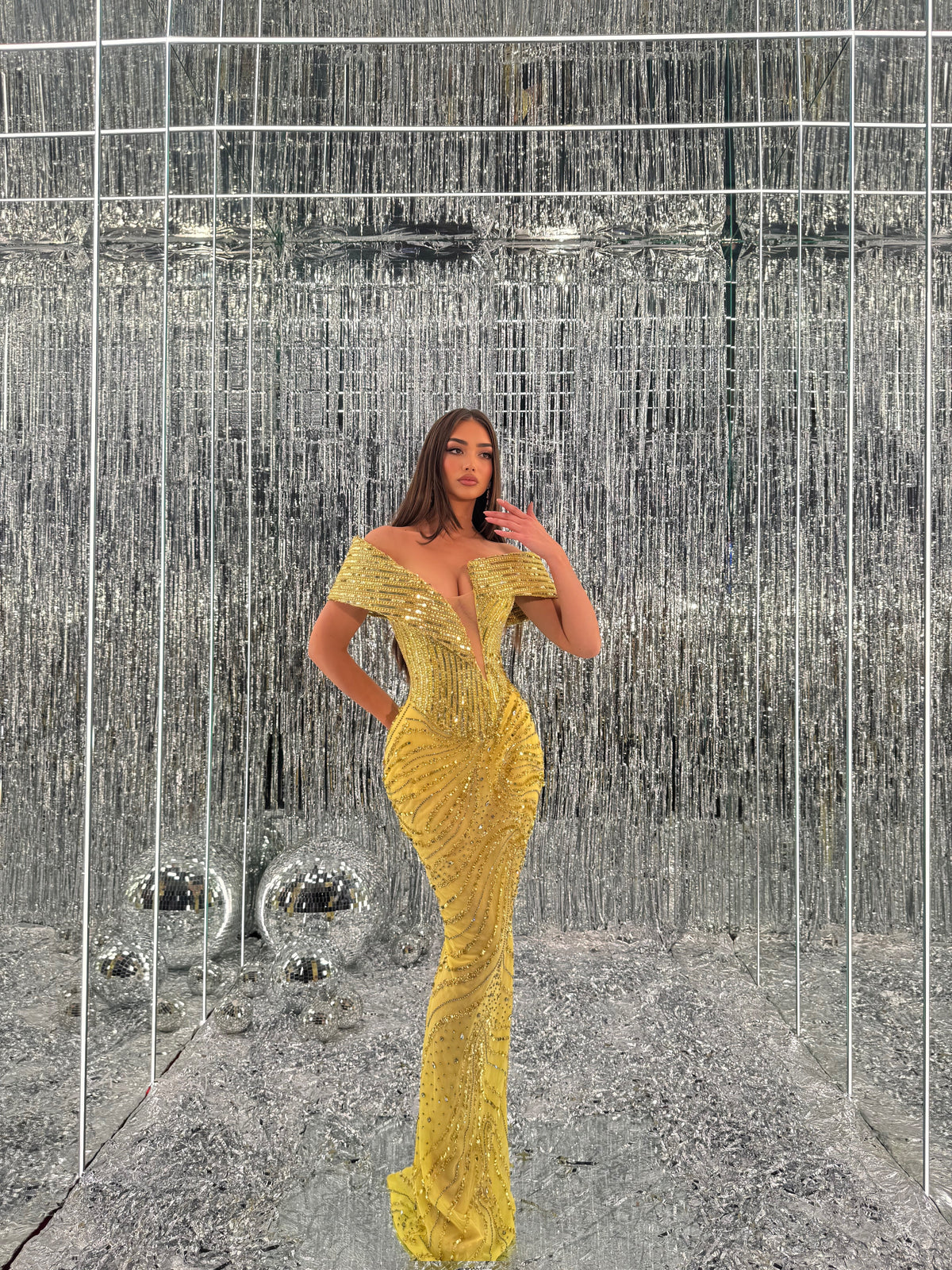 Solara - Gold Crystal Off-Shoulder Mermaid Gown