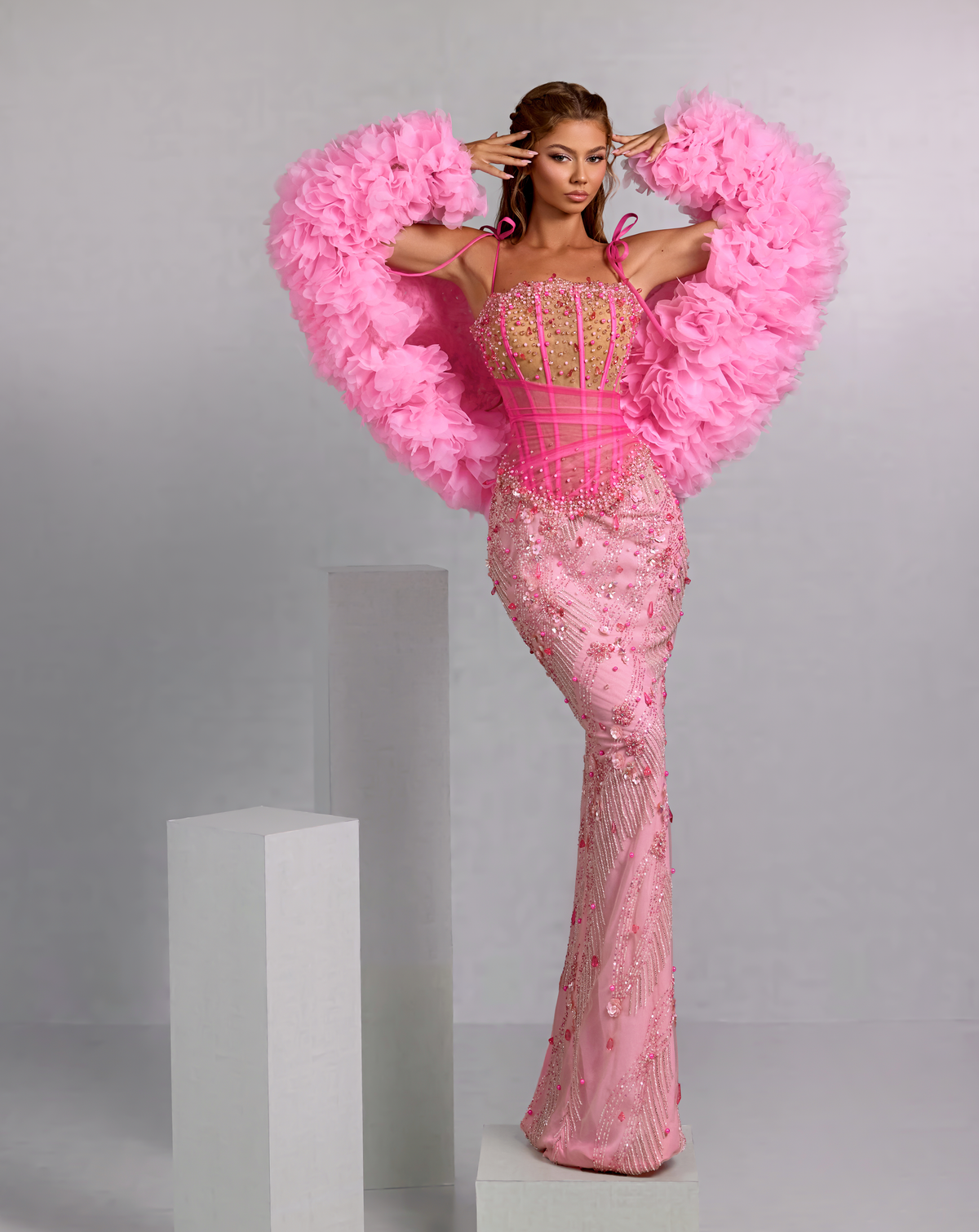 Embellished Pink Gown with Detachable Floral Organza Sleeves