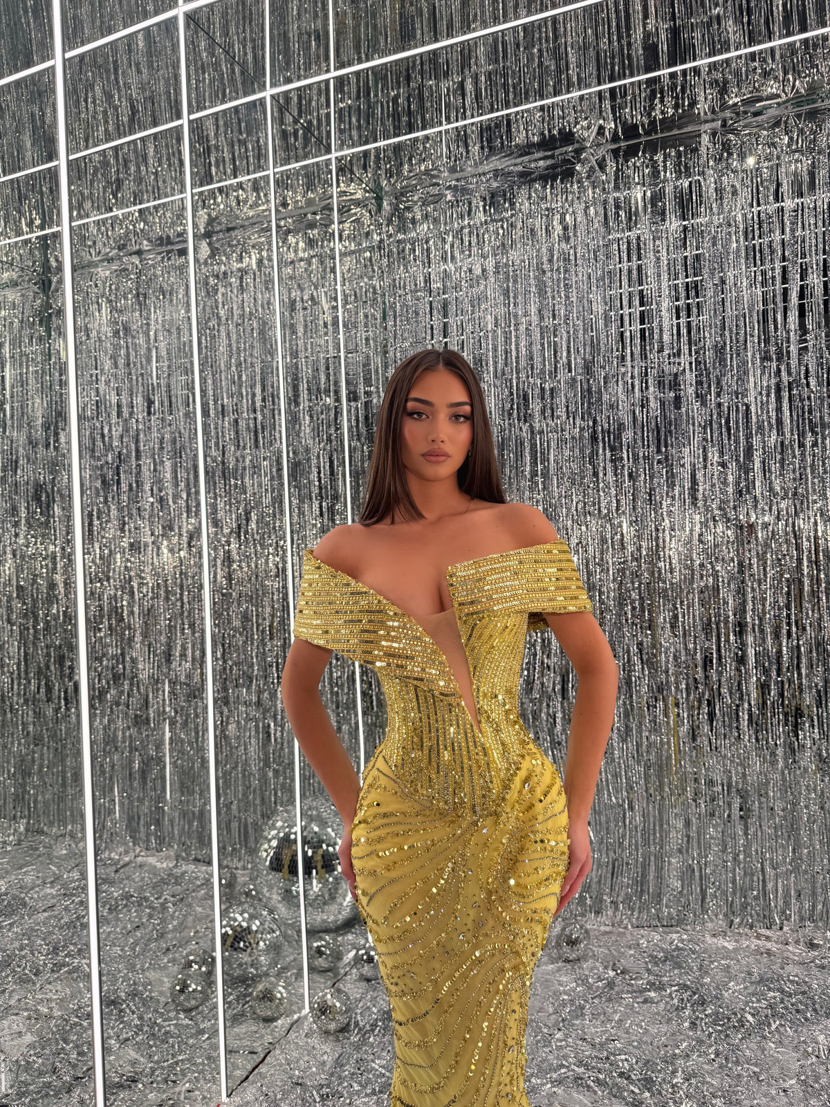 Solara - Gold Crystal Off-Shoulder Mermaid Gown