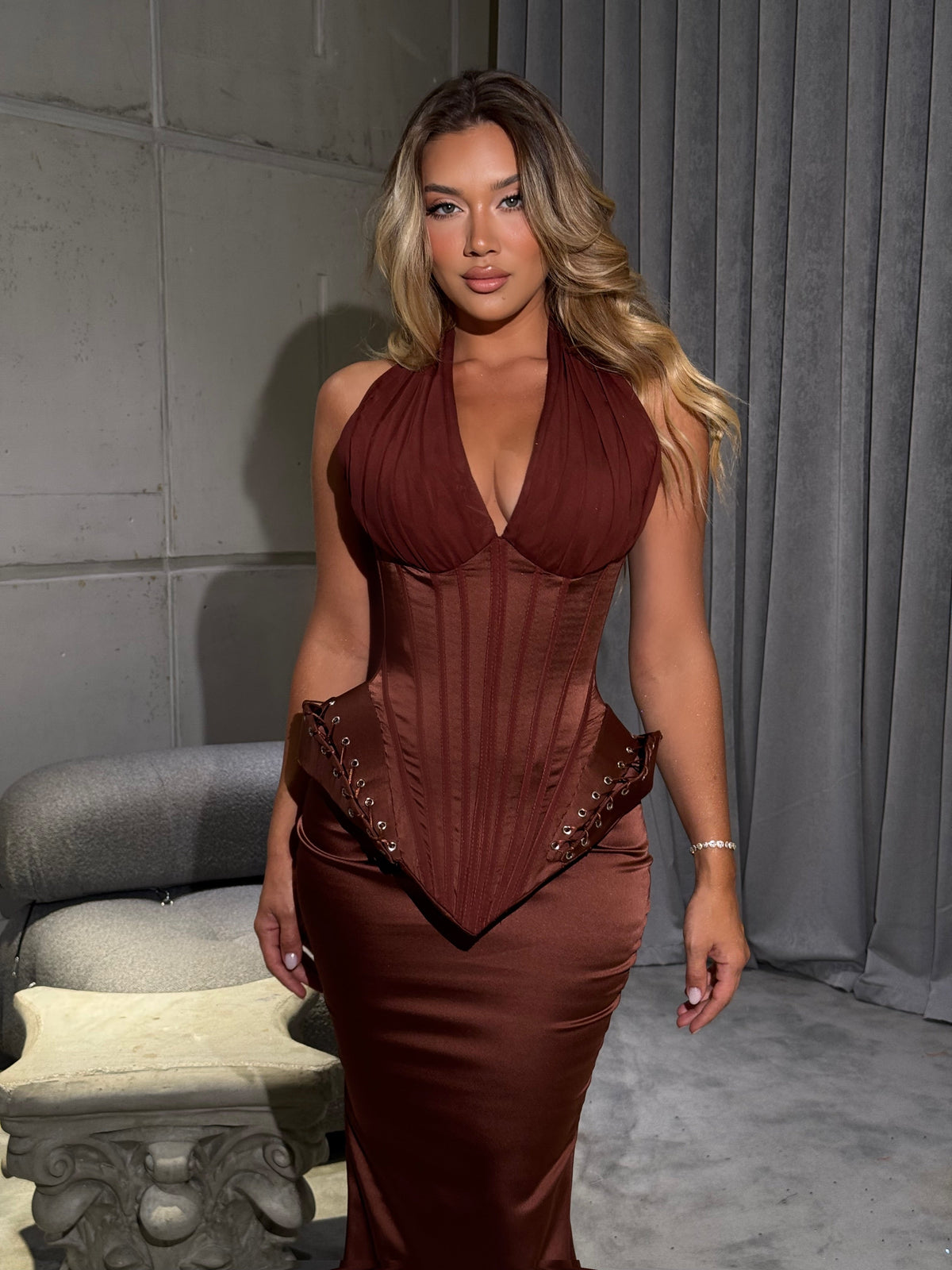 Eva - Brown Halter Corset Gown