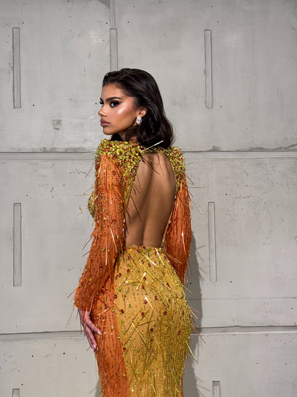 Beaded Gown with Cutout Corset and Fringe Sleeves