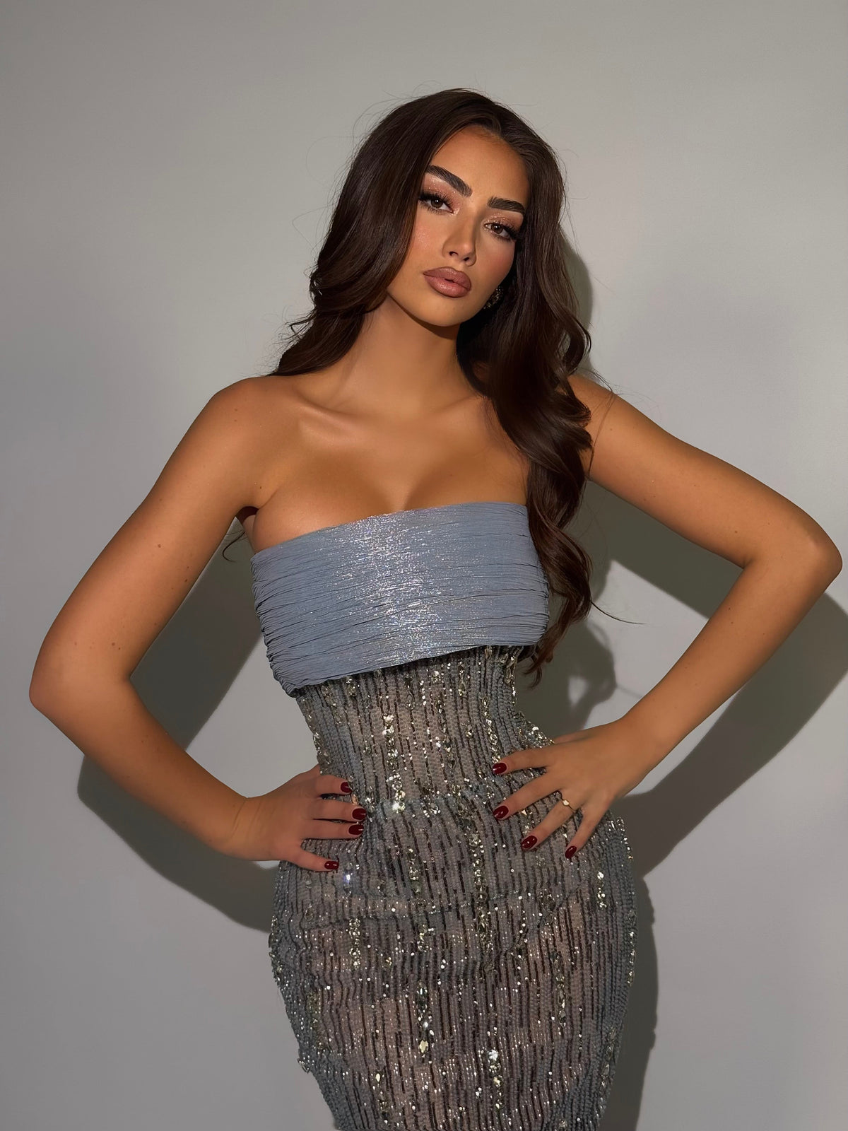 Lyra – Strapless Beaded Column Gown with Structured Bodice