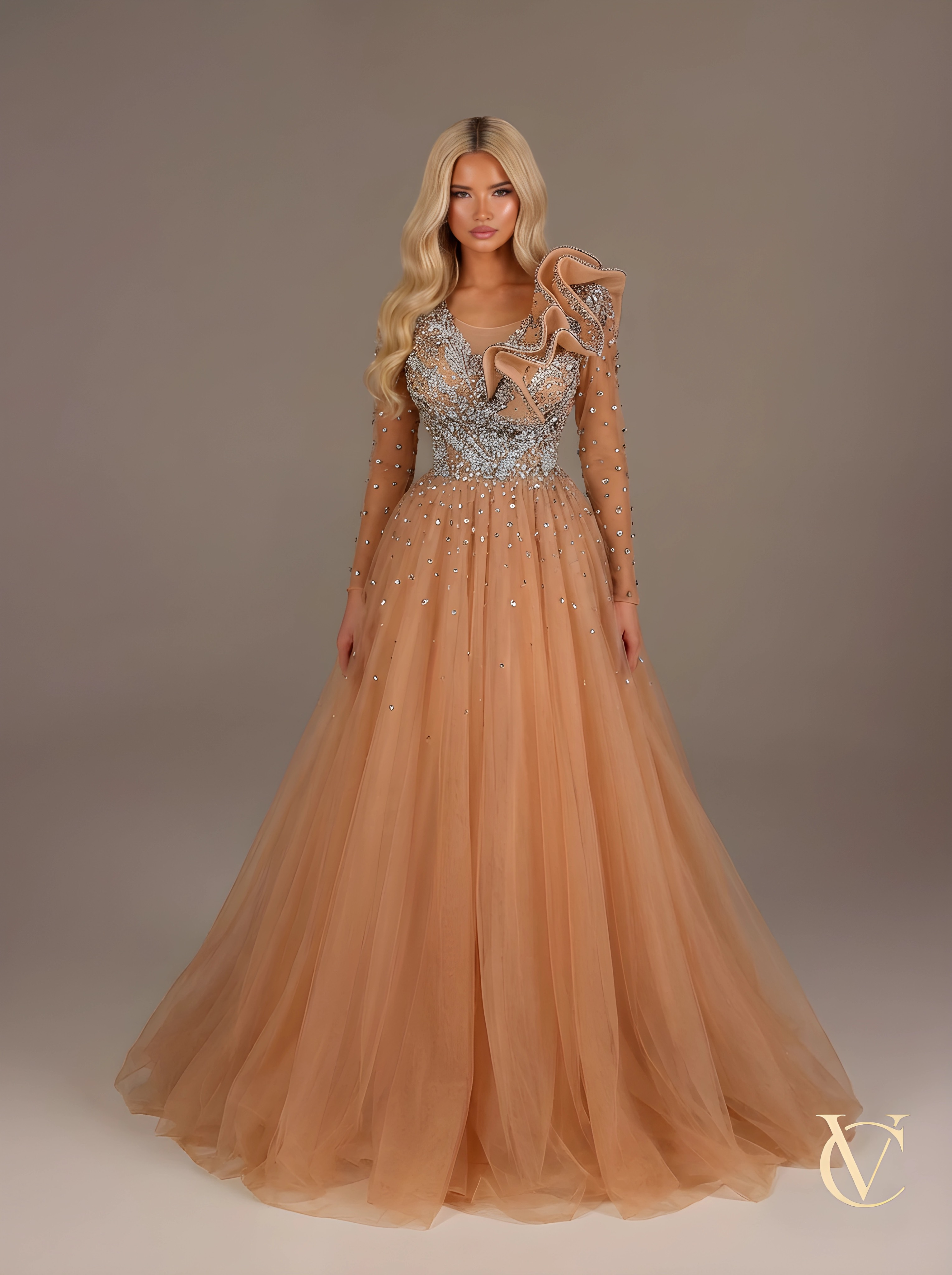 Amber Embellished Tulle Evening Gown