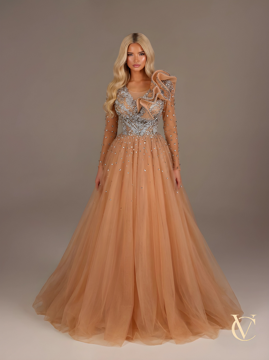 Warm Nude & Copper Embellished Tulle Evening Gown