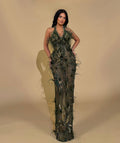 Olive Green Gown with Feather and Sequin Embellishments