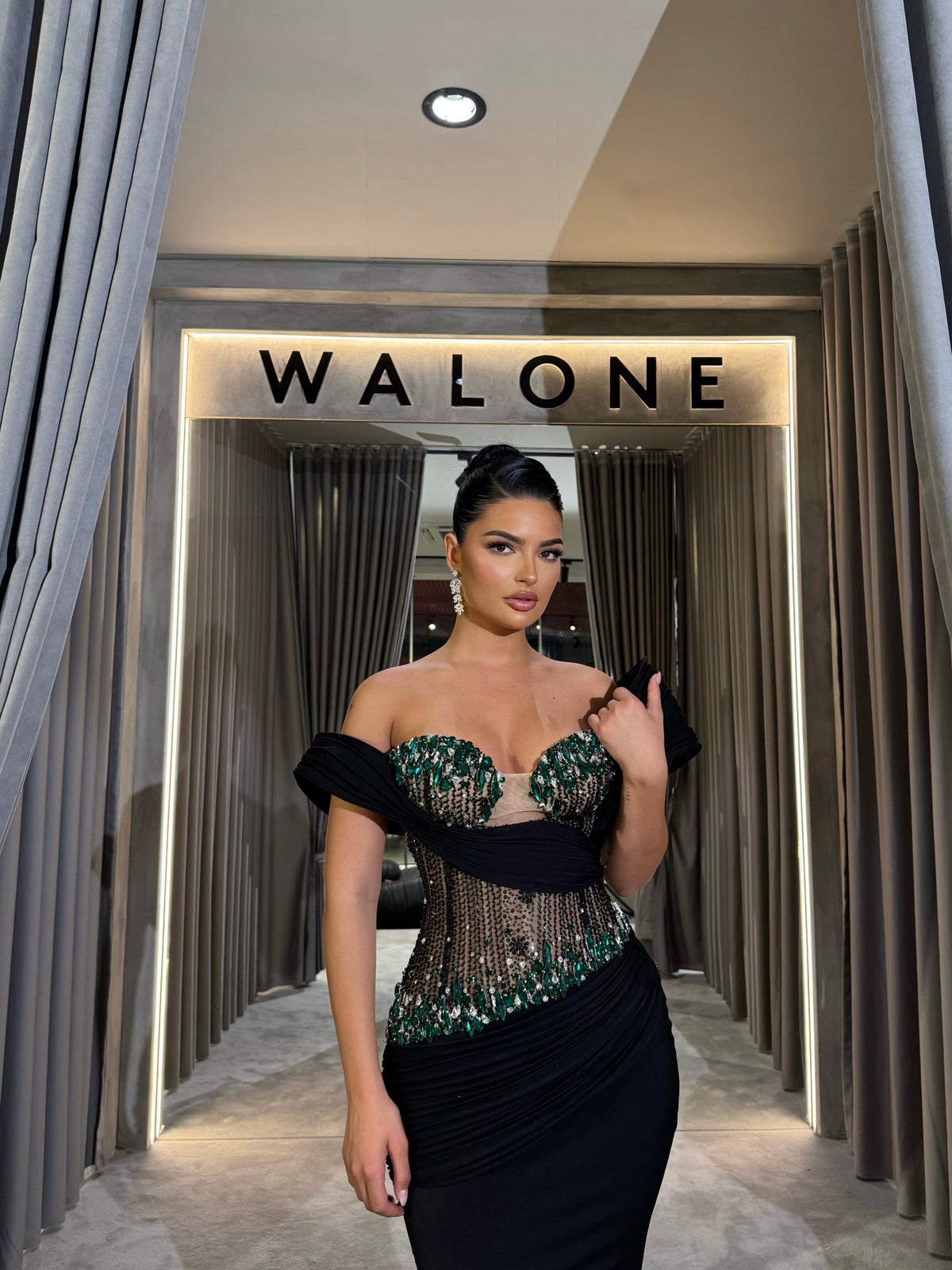 Off Shoulder Black Gown with crystal embellishments