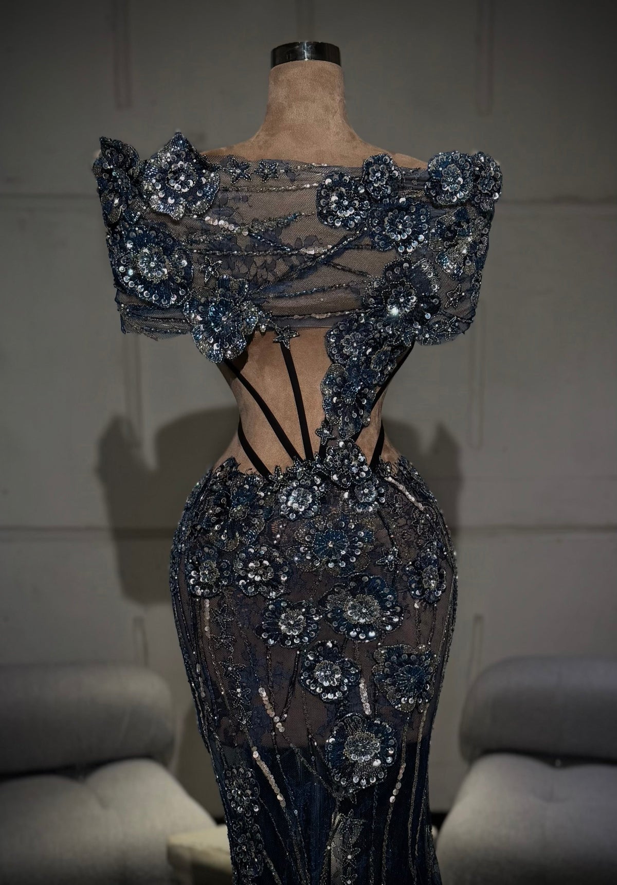 Ruzanna - Long gown with 3D floral appliqués