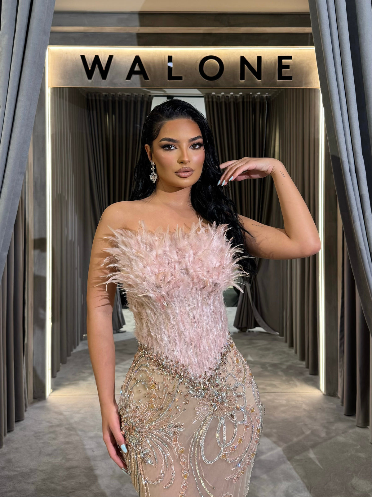 Nude Feather Embellished Crystal Gown