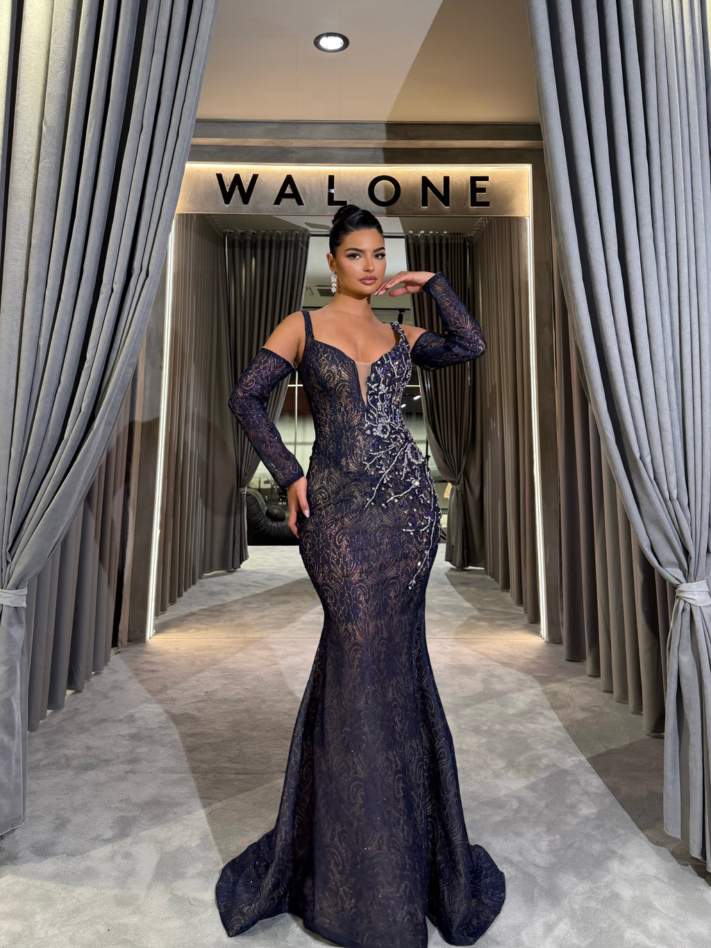 Long Sleeve Lace Gown with Sheer Bodice and Beaded Appliqué