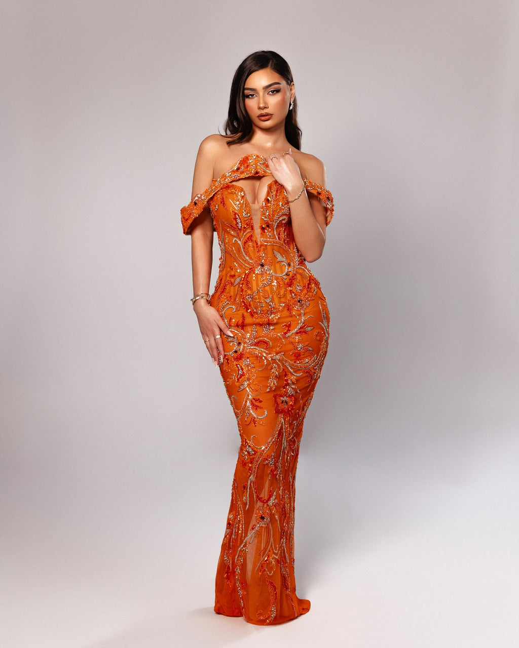 Floral Beaded Off Shoulder Gown