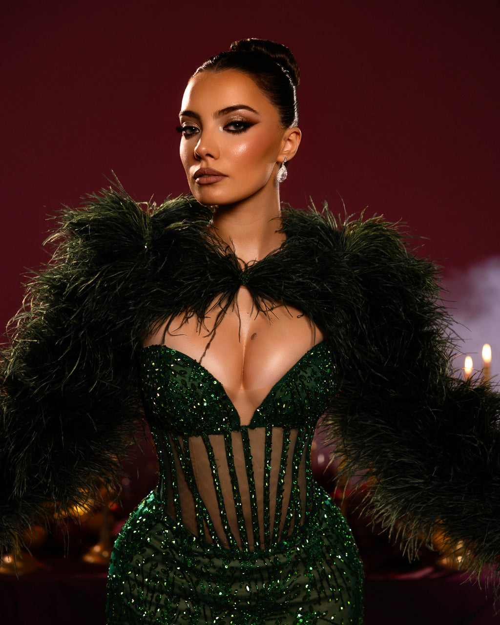 Emerald Feathered Gown