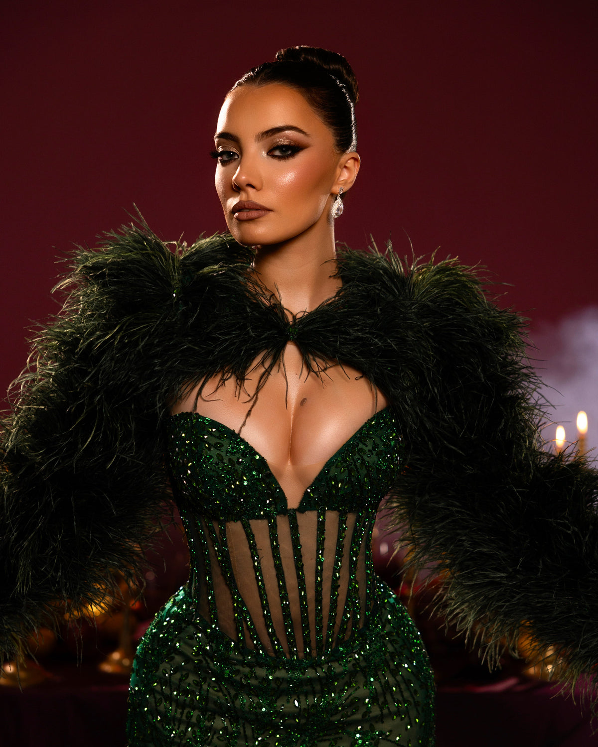 Emerald Feathered Gown