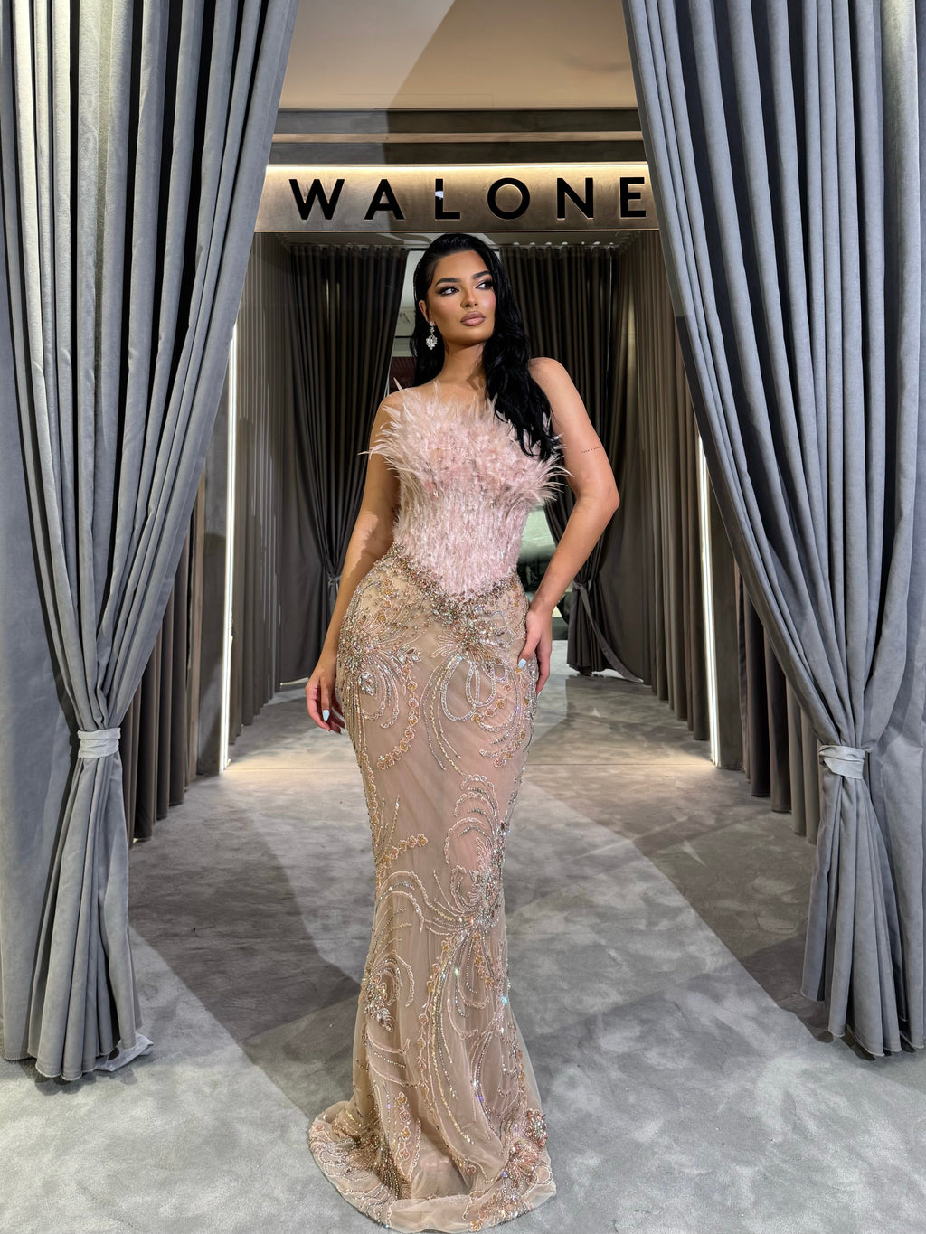 Nude Feather Embellished Crystal Gown