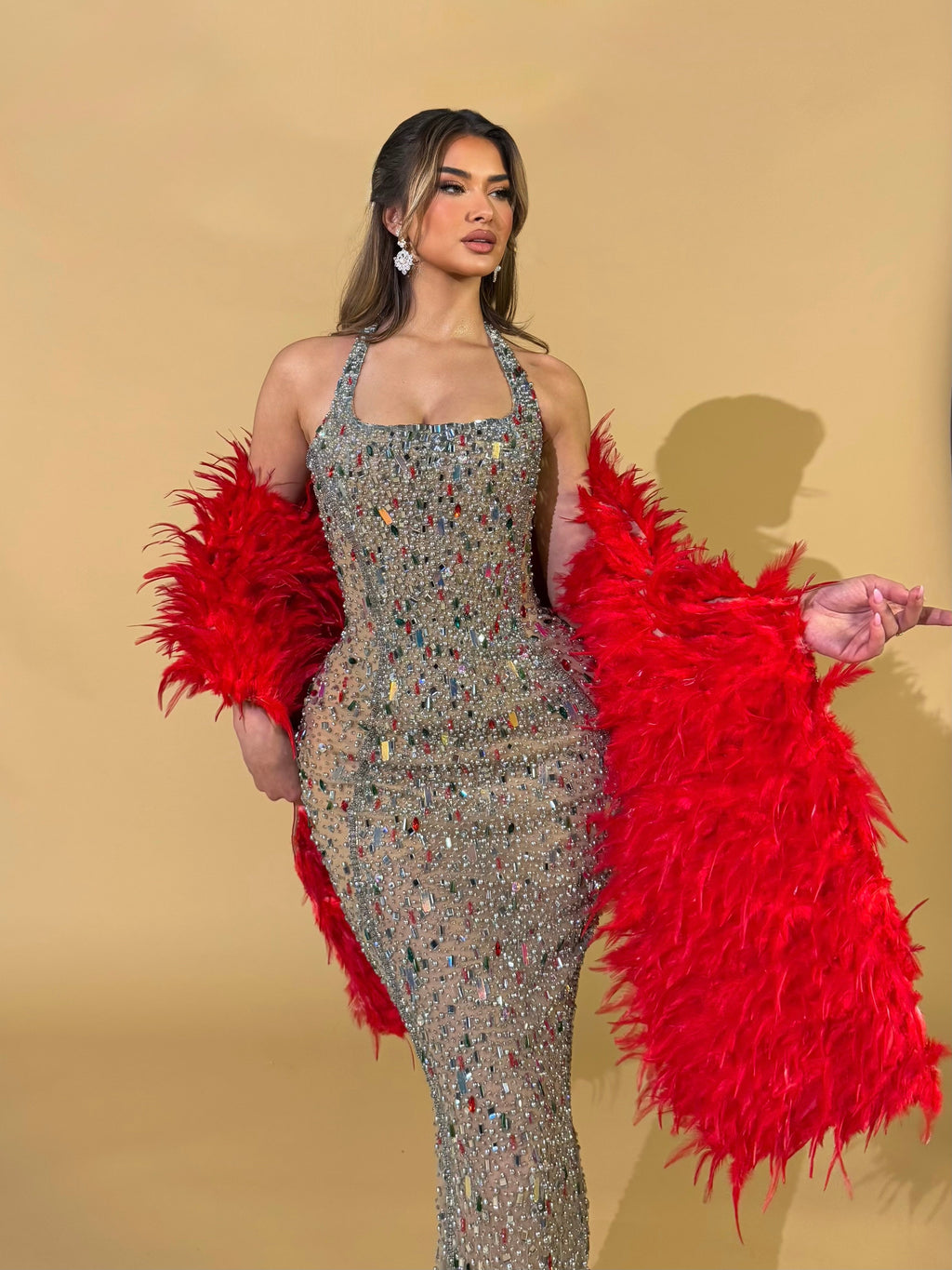 Crystal Halter Gown with Red Feather Shawl