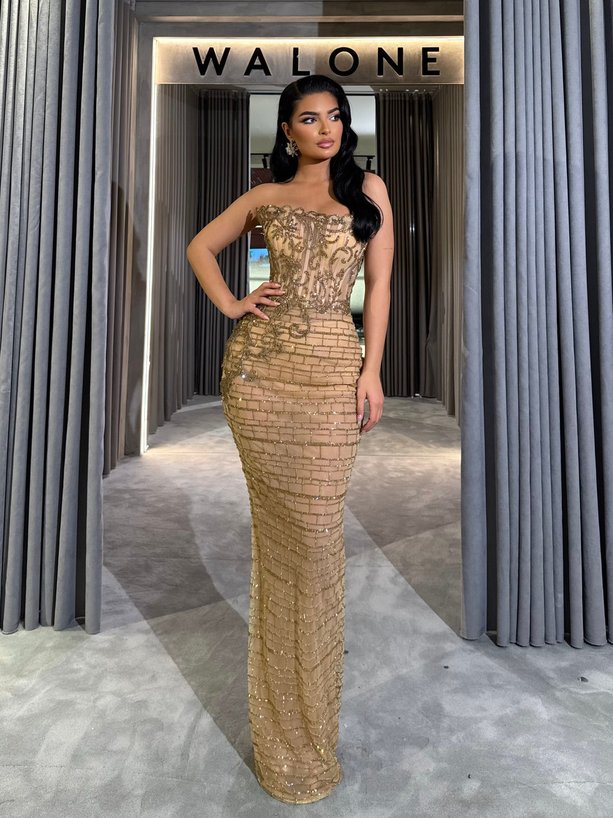 Golden Baroque Beaded Strapless Gown