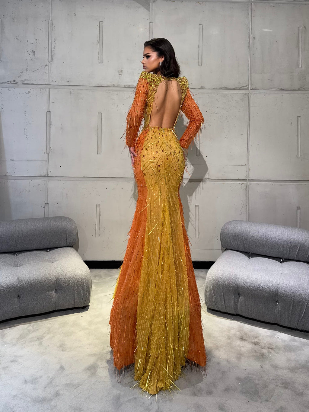 Beaded Gown with Cutout Corset and Fringe Sleeves