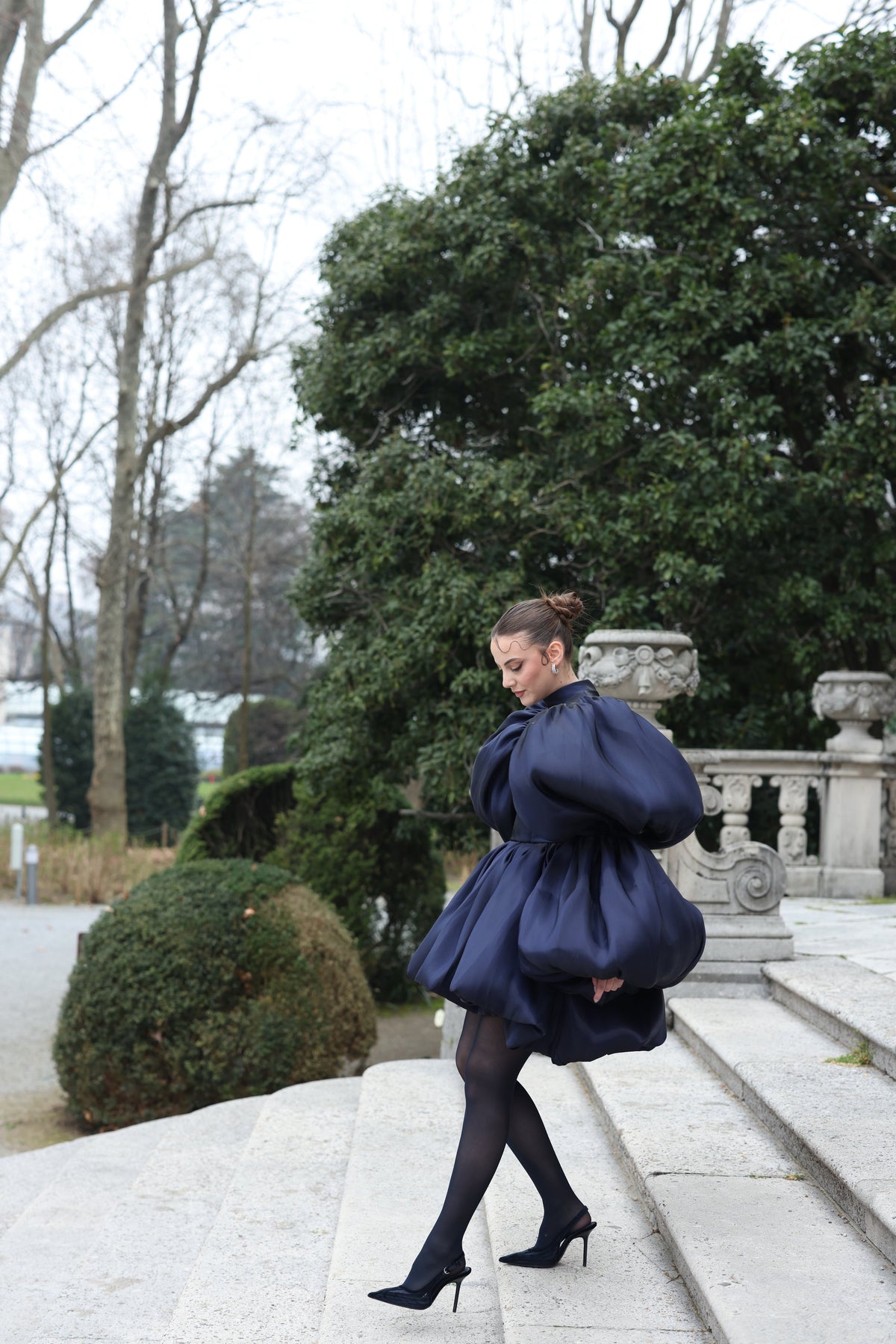 Evelina - High-Neck Puff Sleeve Mini Dress