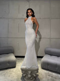 Long White Halter Neck Dress with Beaded Details